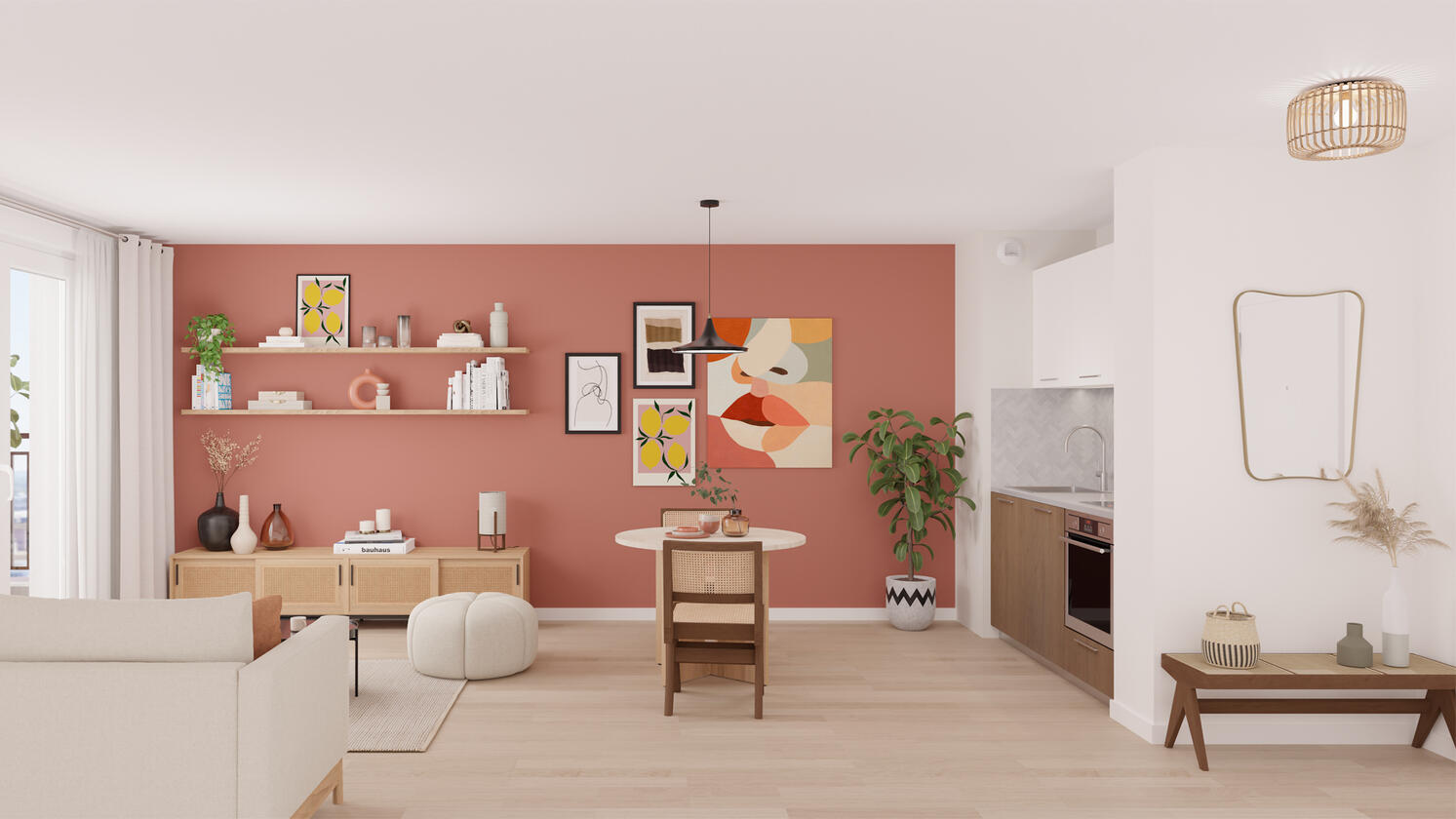 Salon avec cuisine ouverte sur entrée | Exemple de pièce témoin pour un configurateur de finition | Blender Cycles